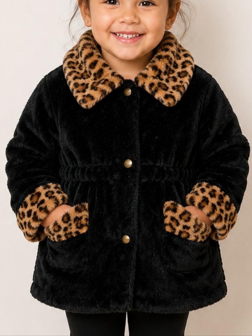 Milton FunWear Girls Leopard Trim Black Faux Fur Coat Jacket Size 3X